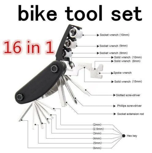 Portable Bike Cycling Repair Tool Set Kits 16 In 1 Multi-function Steel